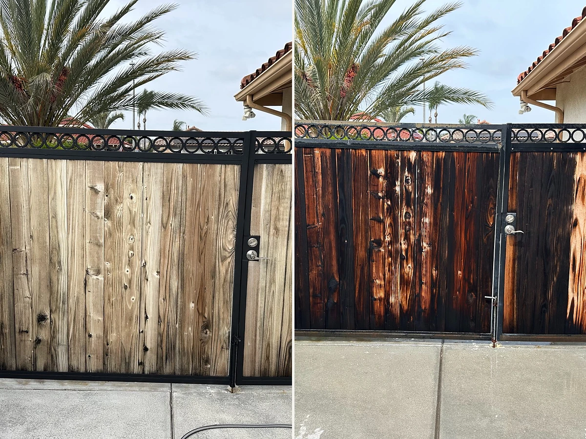 Before and after photos of a weathered wood gate restored by PatioMaid in San Diego