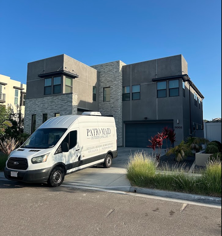 PatioMaid service van parked outside a San Diego home before a maintenance visit
