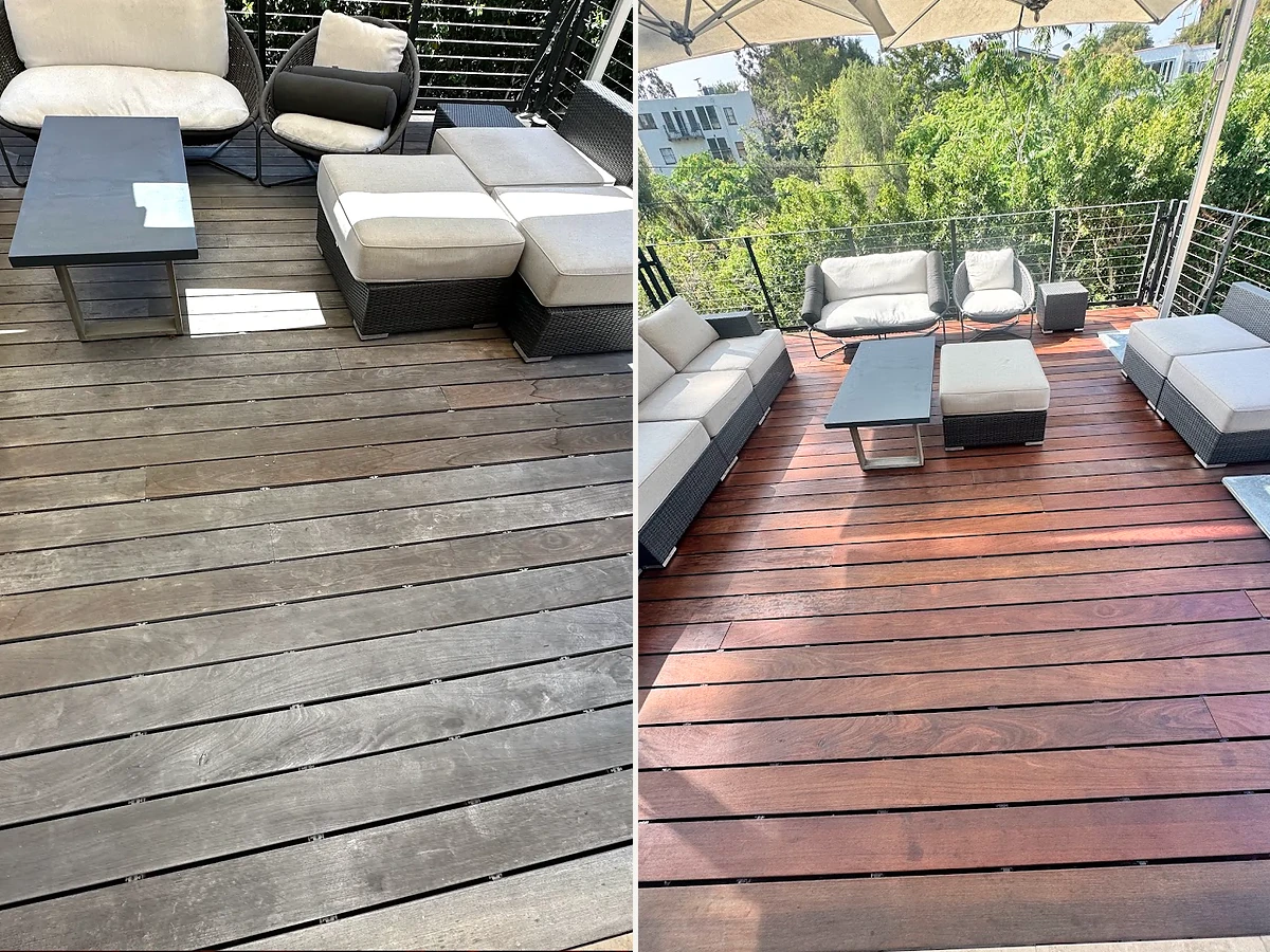Before and after photos of a worn wood deck cleaned and refinished by PatioMaid