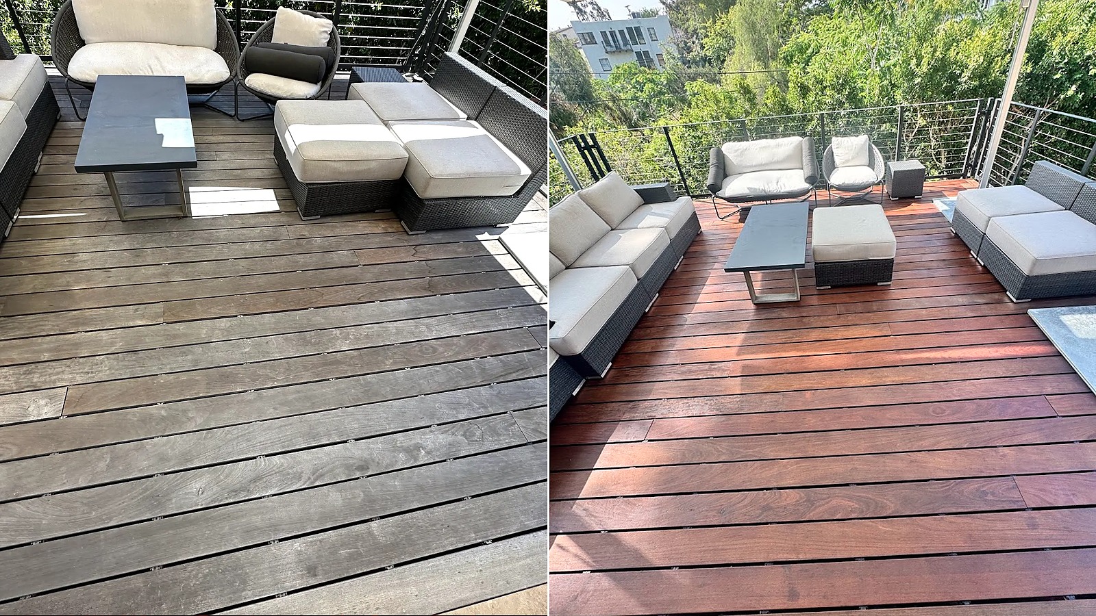 Before and after of a wood deck cleaning and restoration by PatioMaid in San Diego