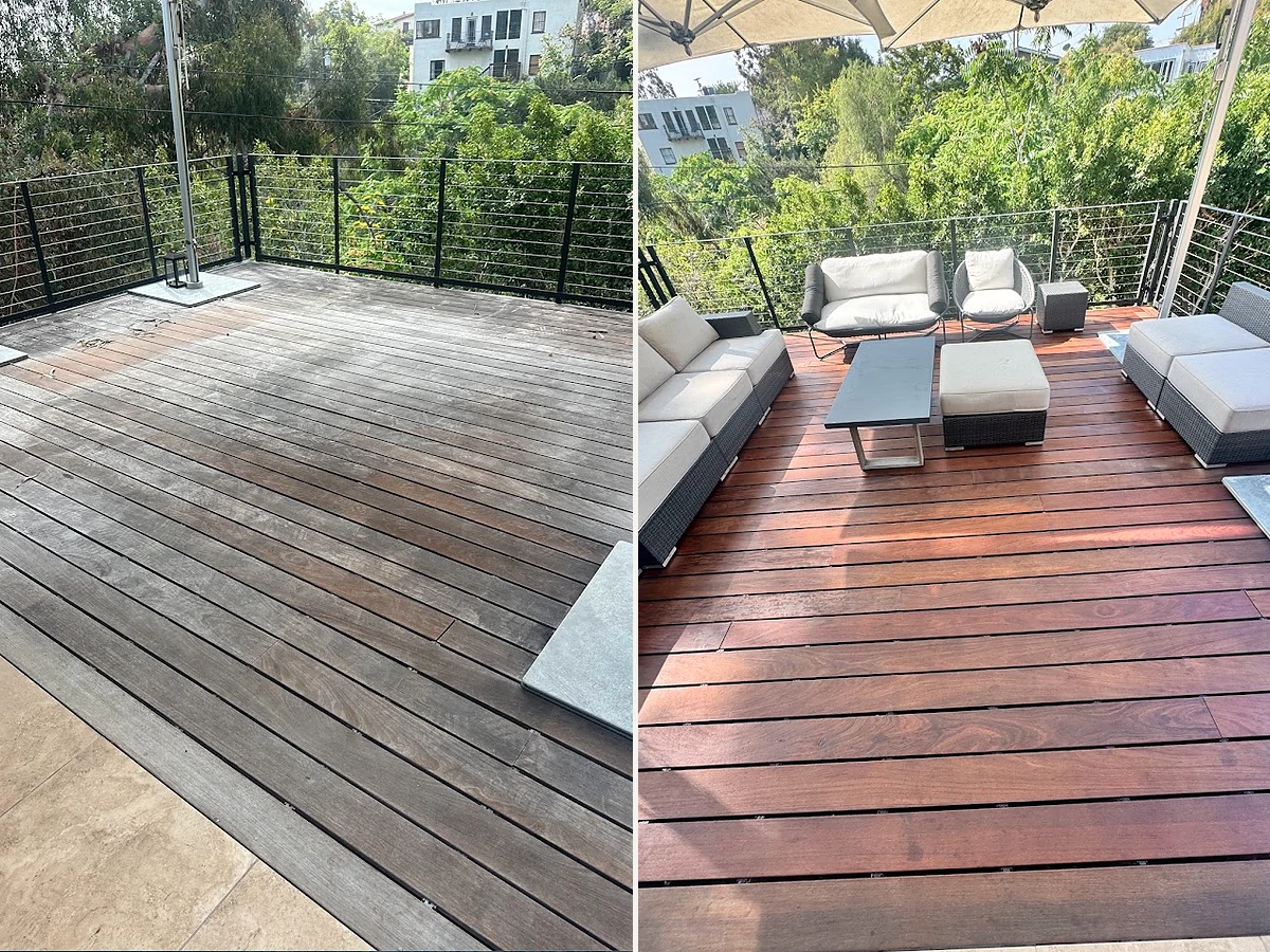 Before and after photos of a weathered wood deck restored by PatioMaid in San Diego
