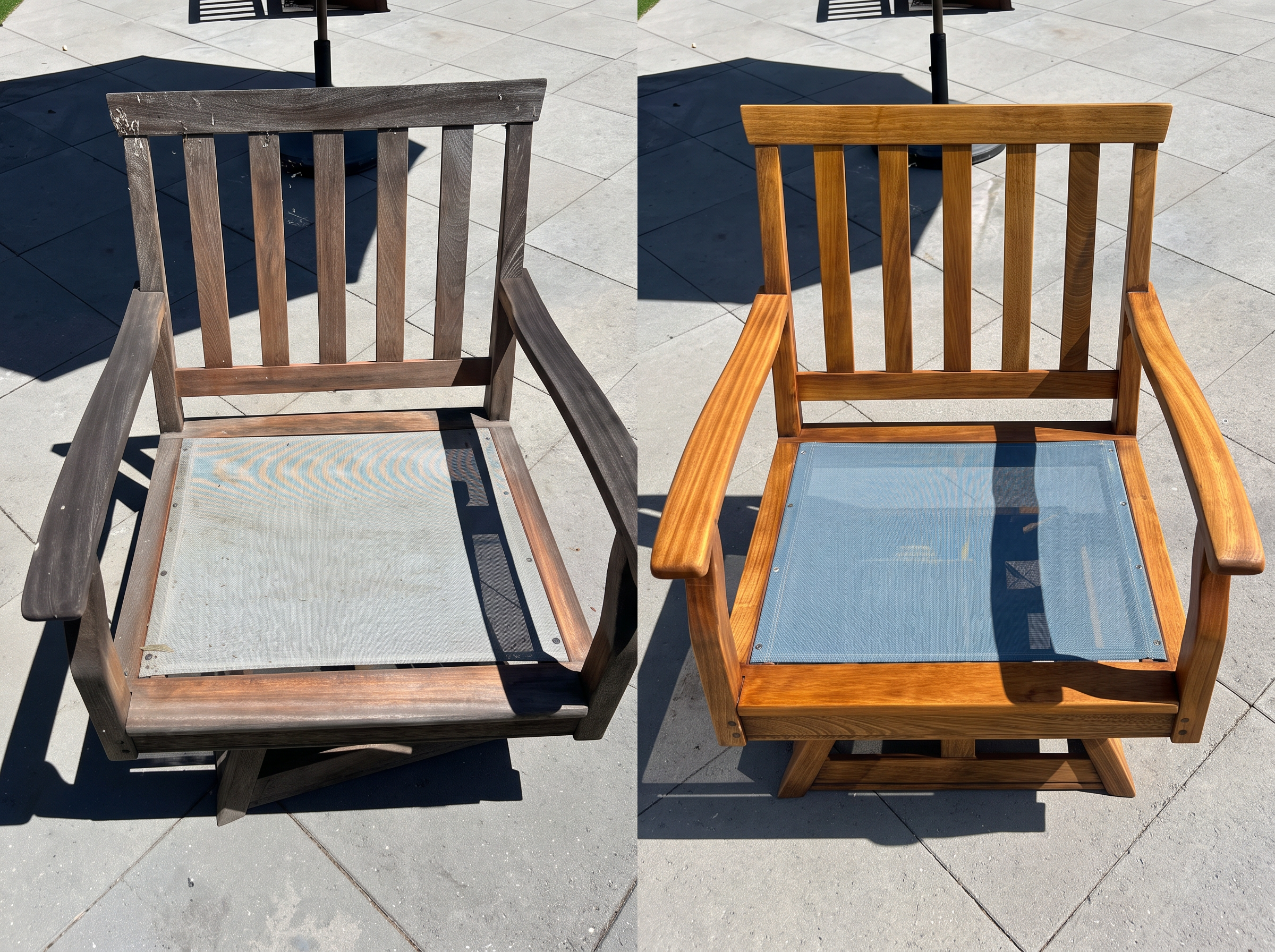 Weathered teak chair before and after PatioMaid restoration in San Diego