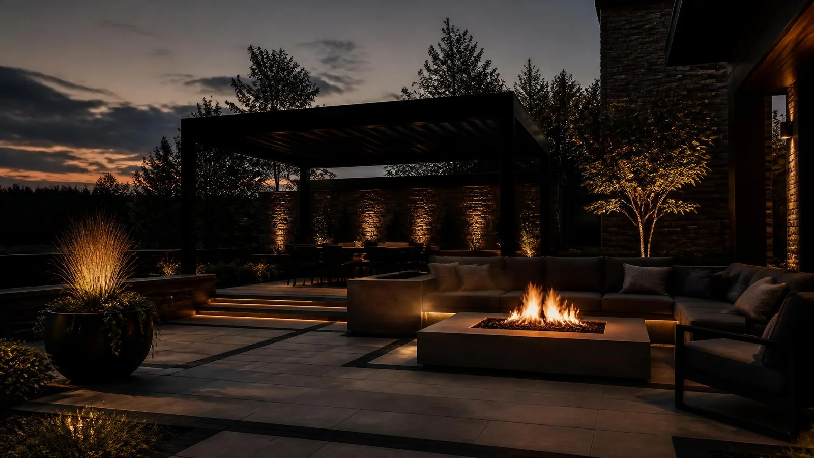 Outdoor living space at dusk with a lit fire pit