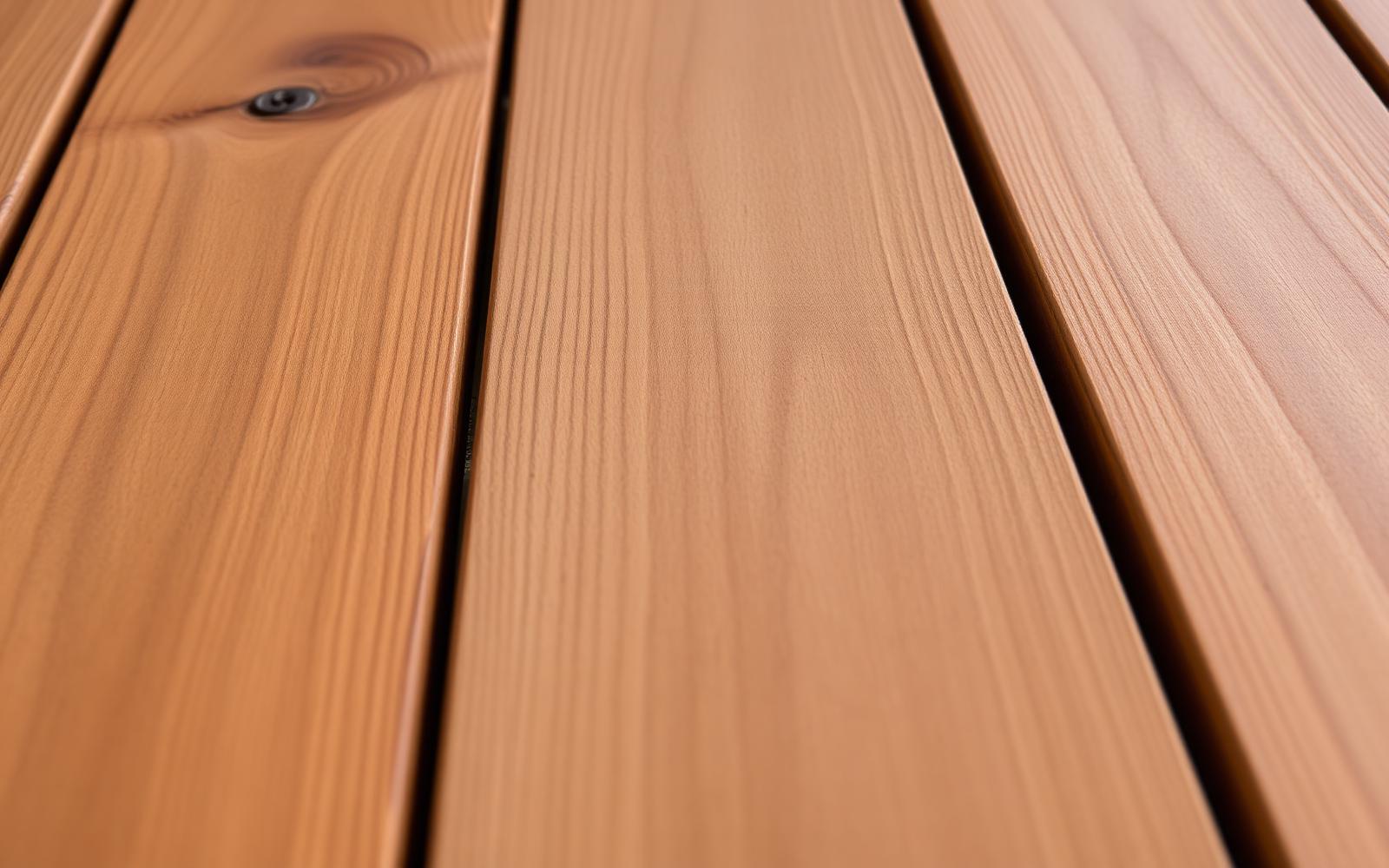 Close-up of restored cedar deck boards with an even satin finish after PatioMaid refinishing