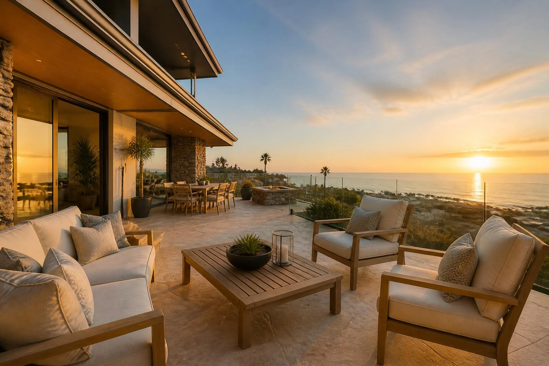Travertine patio with teak furniture at golden hour