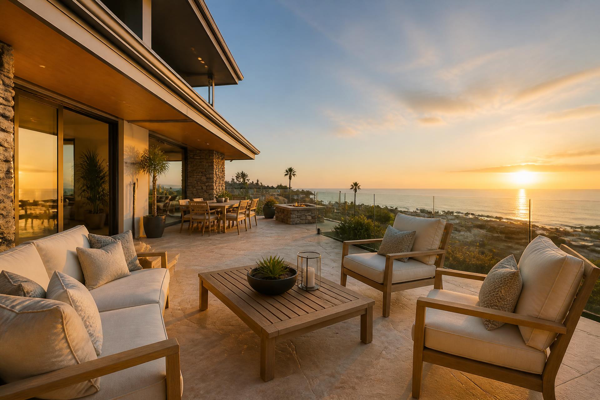 Clean outdoor living area with seating, hardscape, and landscaped surroundings